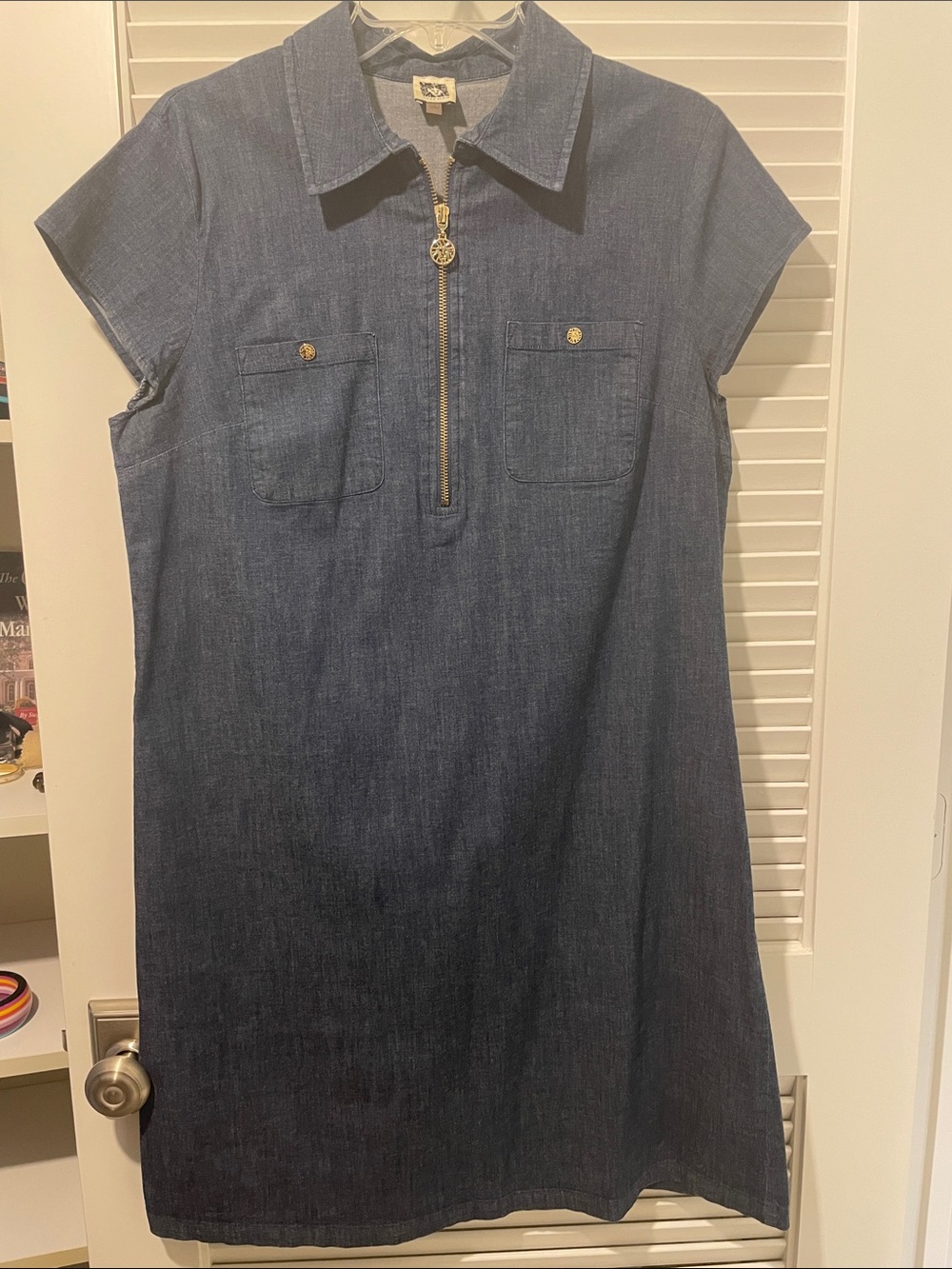Anne Klein Dark Blue Denim Zip-Front Casual Dress